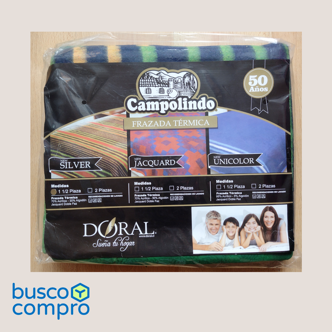Frazada Campolindo / 1 1/2 plaza / New Silver / Marca: Doral / Tonos: verde, azul, rojo y amarillo.