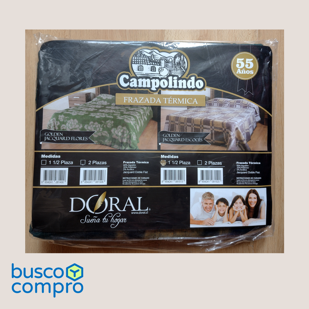 Frazada Campolindo / 1 1/2 plaza / Golden Jacquard Escocés / Marca: Doral / Tonos: verde, azul y amarillo.