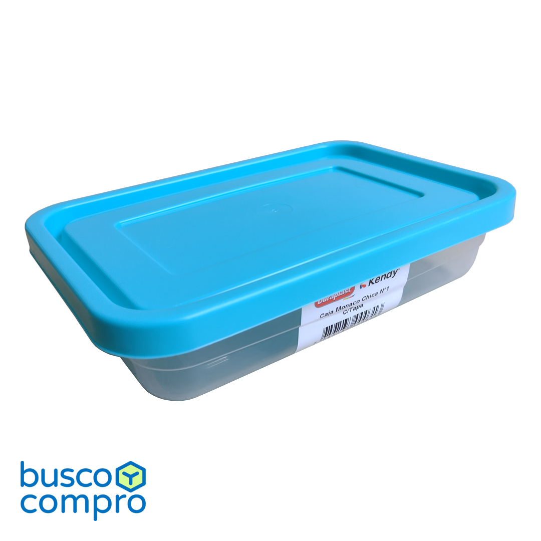 Caja de plástico transparente Mónaco Chica Nº1, con tapa color calipso.