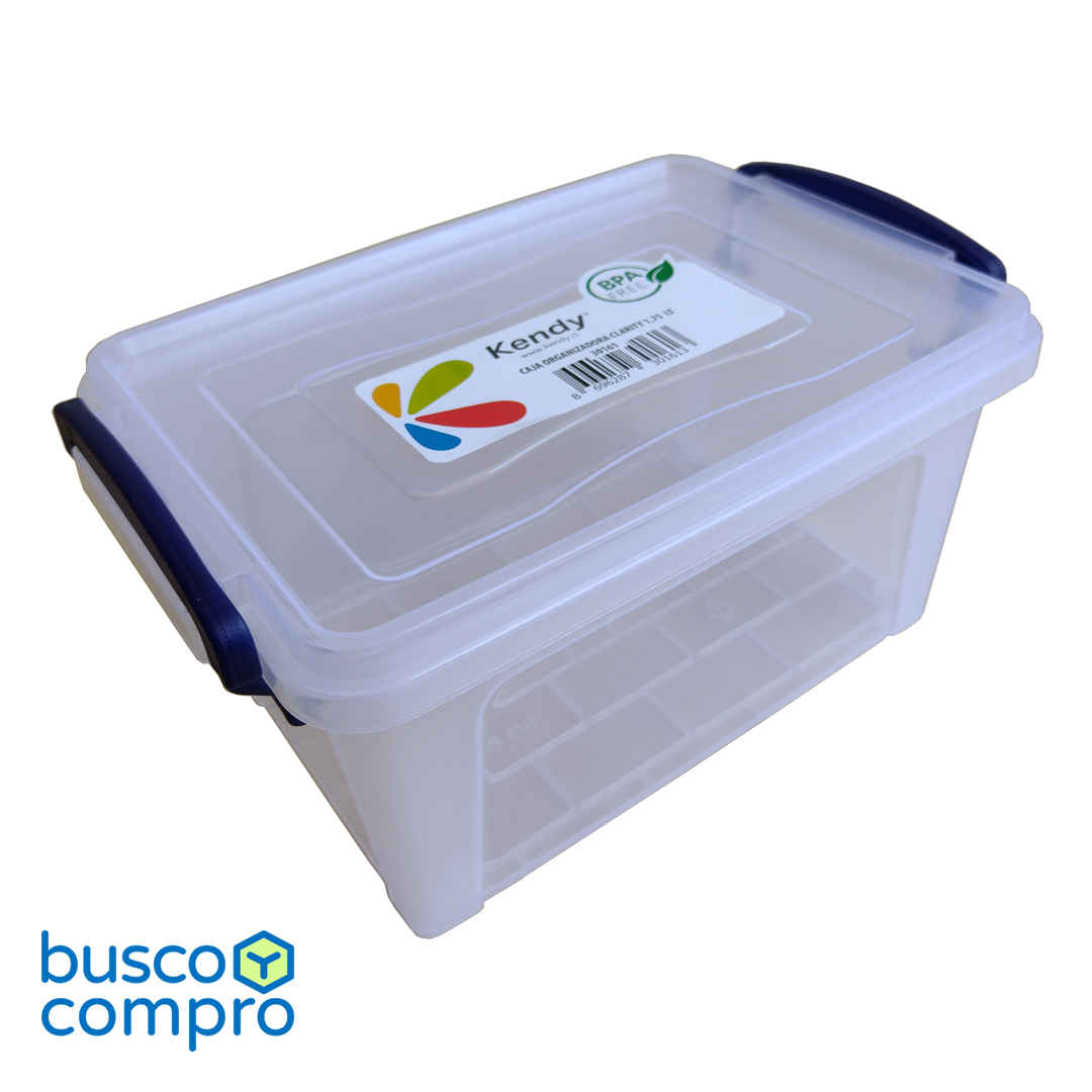 Caja de plástico transparente Clarity con tapa. Manillas color azul (1.75 lts.)