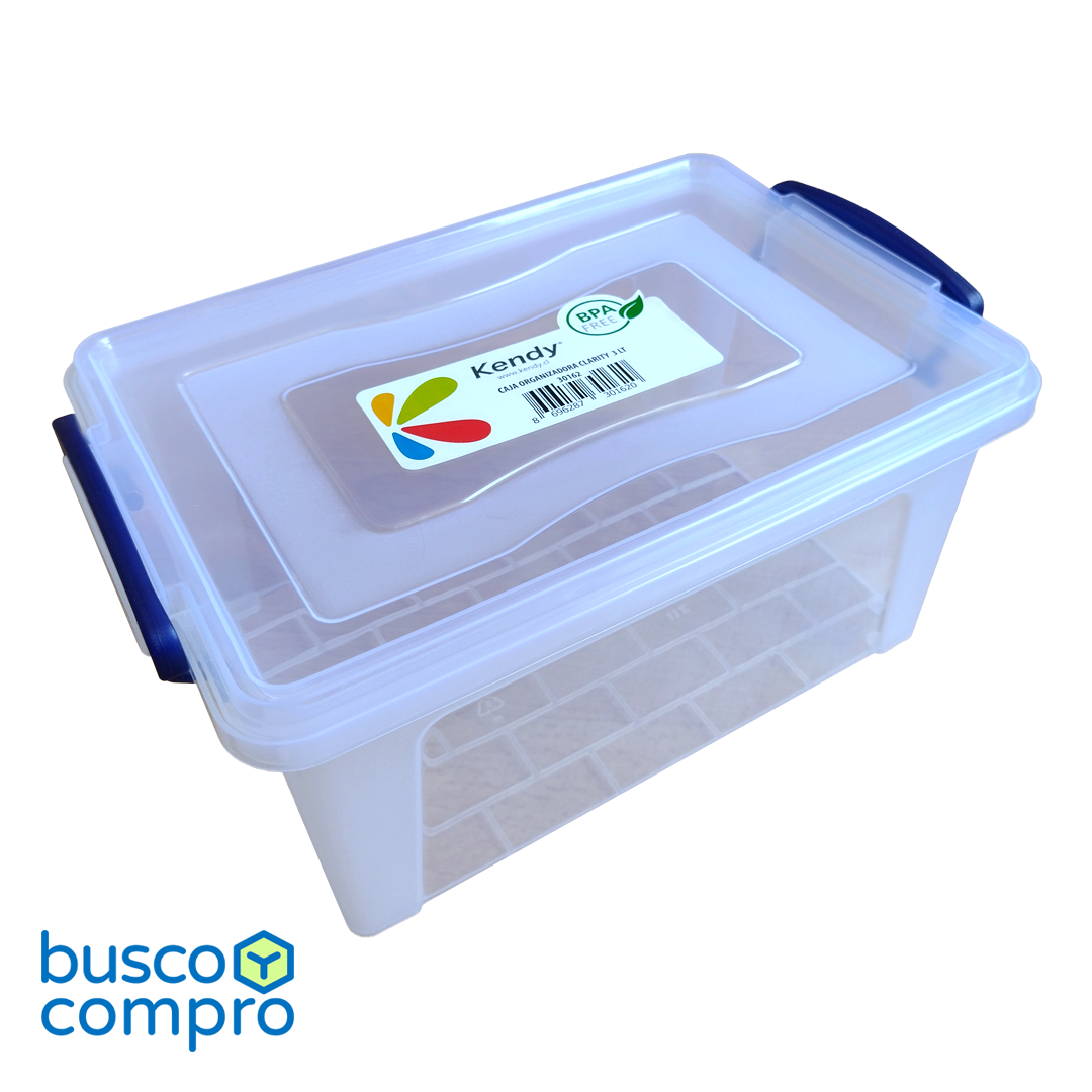 Caja de plástico transparente Clarity con tapa; manillas color azul (3 lts.)