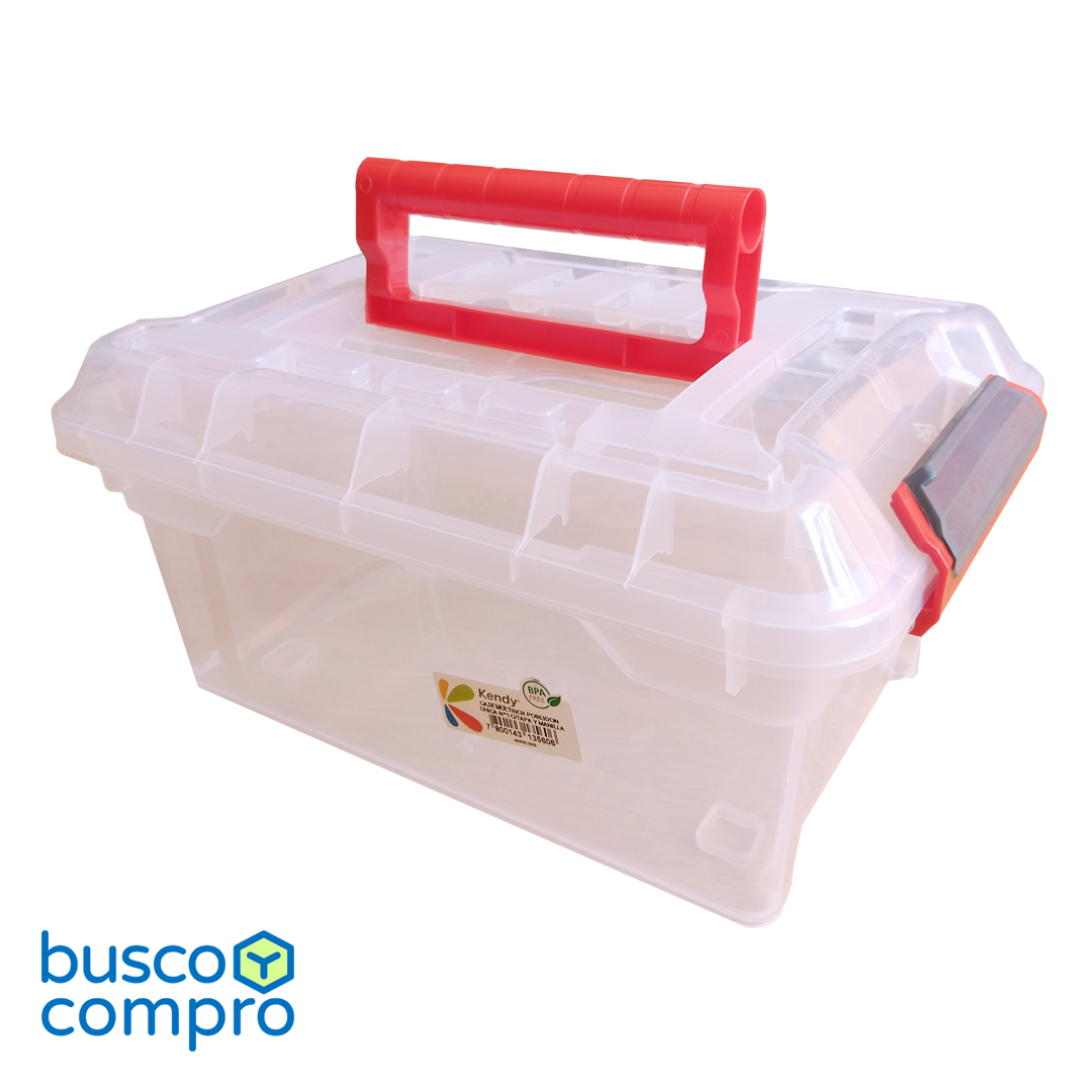 Caja de plástico transparente Multibox Poseidon Chica Nº1 con tapa. Manilla color rojo. (4 lts.)