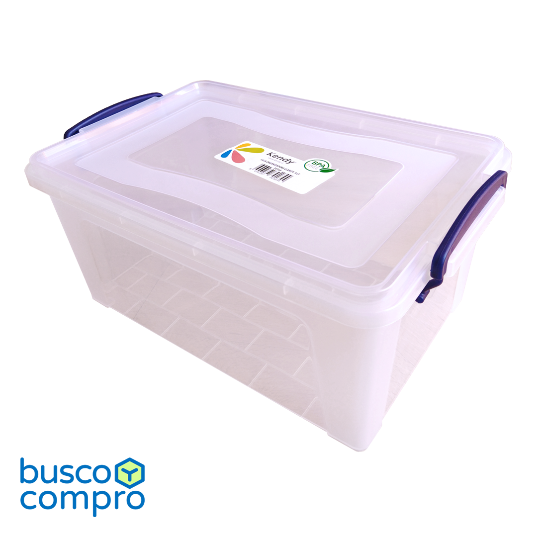 Caja de plástico transparente Clarity con tapa. Manillas color azul. (9 lts.)