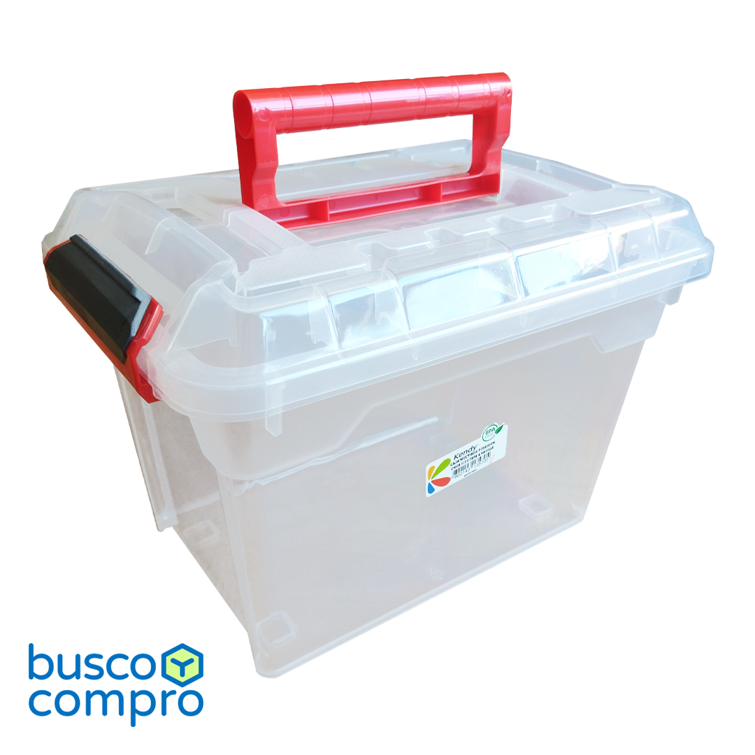 Caja de plástico transparente Multibox Poseidon Chica Nº2 con tapa. Manilla color rojo. (6 lts.)