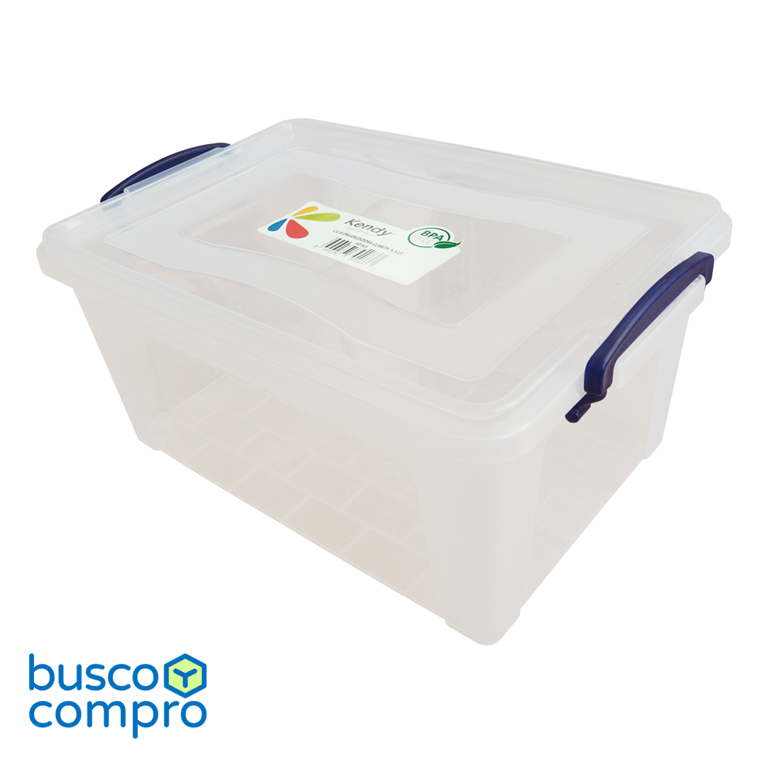 Caja de plástico transparente Clarity con tapa. Manillas color azul (5.5 lts.)