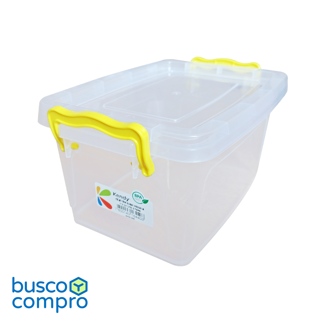 Caja de plástico transparente New Dubai Mediana Nº2 con tapa; manillas color amarillo (2,1 lts.)