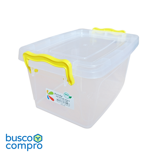 Caja de plástico transparente New Dubai Mediana Nº2 con tapa; manillas color amarillo (2,1 lts.)