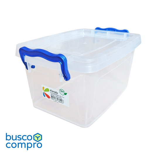 Caja de plástico transparente New Dubai Mediana Nº2 con tapa; manillas color azul (2,1 lts.)