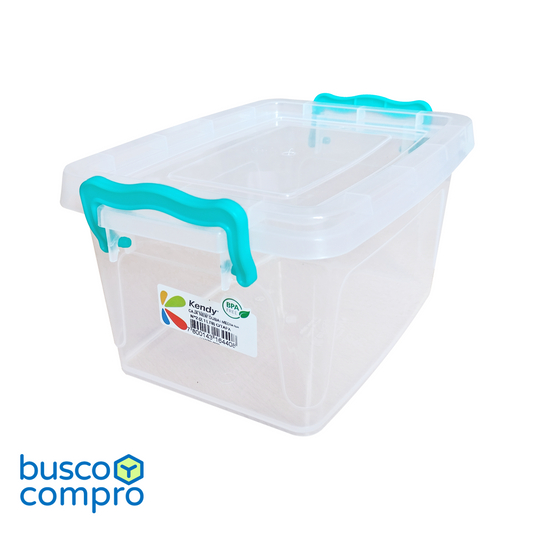 Caja de plástico transparente New Dubai Mediana Nº2 con tapa; manillas color calipso (2,1 lts.)