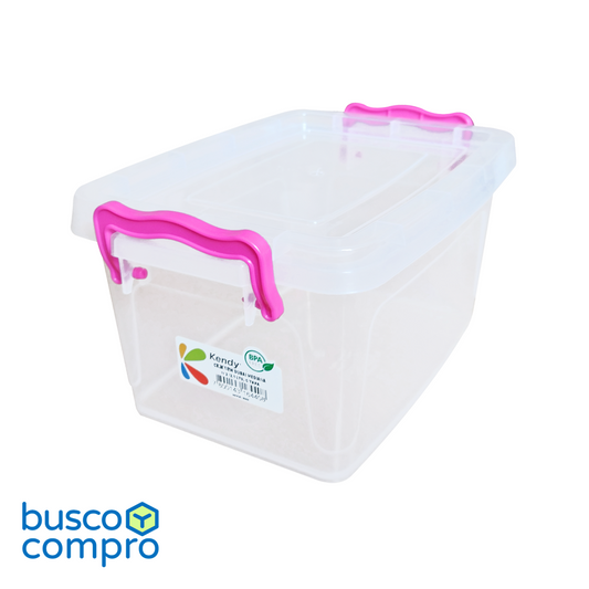 Caja de plástico transparente New Dubai Mediana Nº2 con tapa; manillas color fucsia (2,1 lts.)