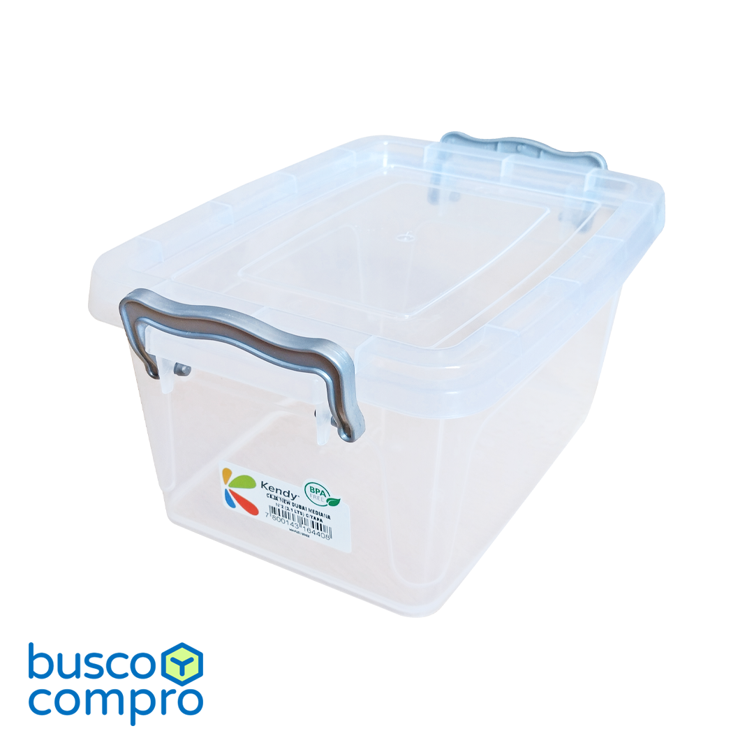 Caja de plástico transparente New Dubai Mediana Nº2 con tapa; manillas color gris (2,1 lts.)