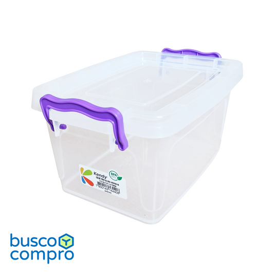 Caja de plástico transparente New Dubai Mediana Nº2 con tapa; manillas color morado (2,1 lts.)