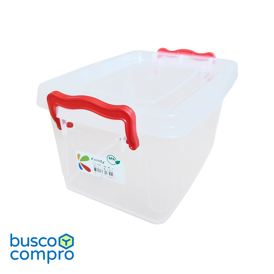 Caja de plástico transparente New Dubai Mediana Nº2 con tapa; manillas color rojo (2,1 lts.)