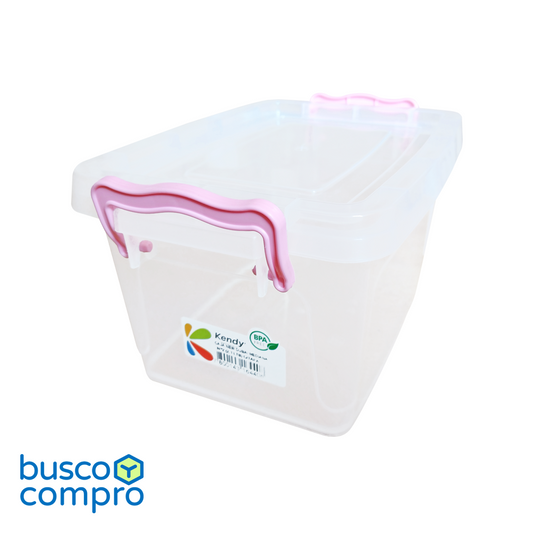 Caja de plástico transparente New Dubai Mediana Nº2 con tapa; manillas color rosado (2,1 lts.)