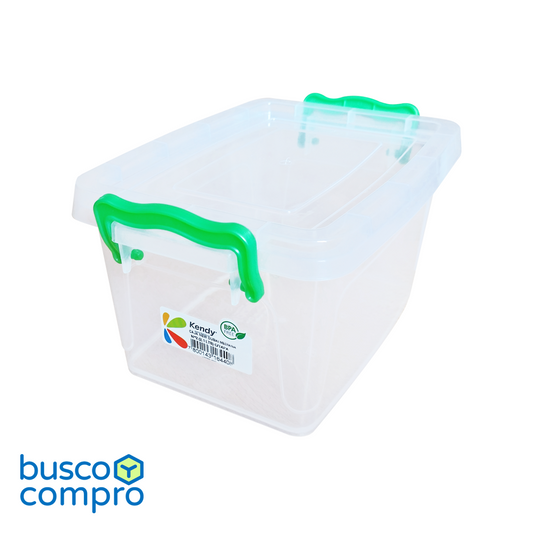 Caja de plástico transparente New Dubai Mediana Nº2 con tapa; manillas color verde (2,1 lts.)