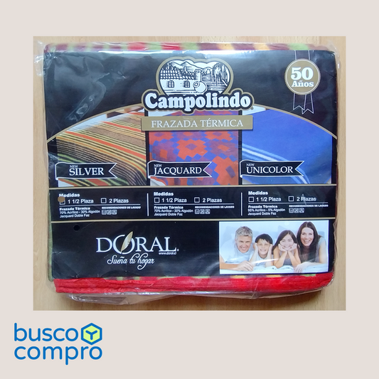 Frazada Campolindo / 1 1/2 plaza / New Silver / Marca: Doral / Tonos: rojo, verde y burdeo.