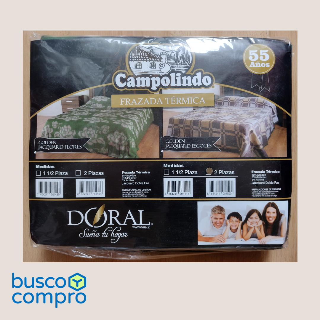 Frazada Campolindo / 2 plazas / Golden Jacquard Escocés / Marca: Doral / Tonos: verde, azul y amarillo.