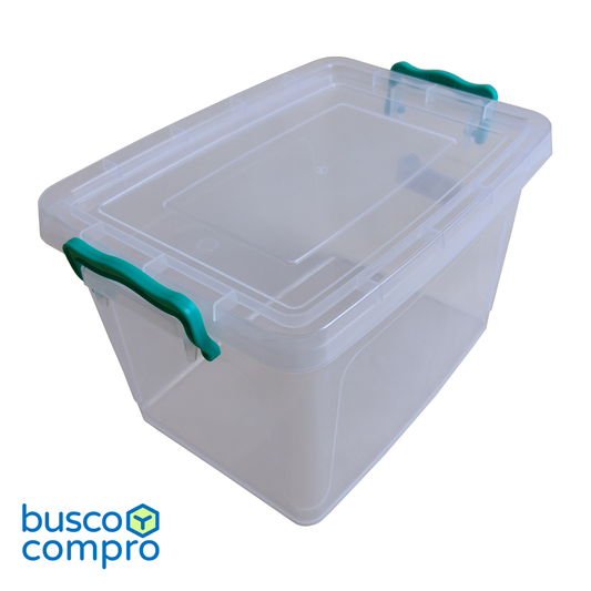 Caja de plástico transparente New Dubai grande Nº3 con tapa. Manillas color calipso. (4.4 lts.)