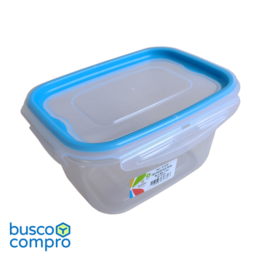 Pote rectangular de plástico transparente Kendyfresh Rec. Nº2 Alta, con tapa de cierre hermético; franja color azul. (1.25 lts.)