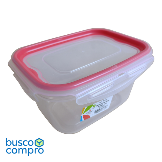 Pote rectangular de plástico transparente Kendyfresh Rec. Nº2 Alta, con tapa de cierre hermético; franja color rojo. (1.25 lts.)