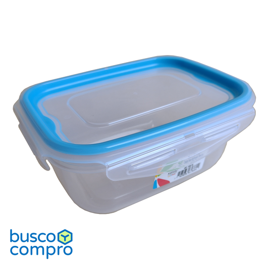 Pote rectangular de plástico transparente Kendyfresh Rec. Nº2 Media, con tapa de cierre hermético; franja color azul (1 lt.)