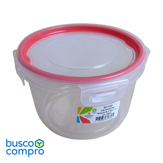 Pote redondo de plástico transparente Kendyfresh Red. Nº2 Alta, con tapa de cierre hermético; franja color roja (1.1 lts.)
