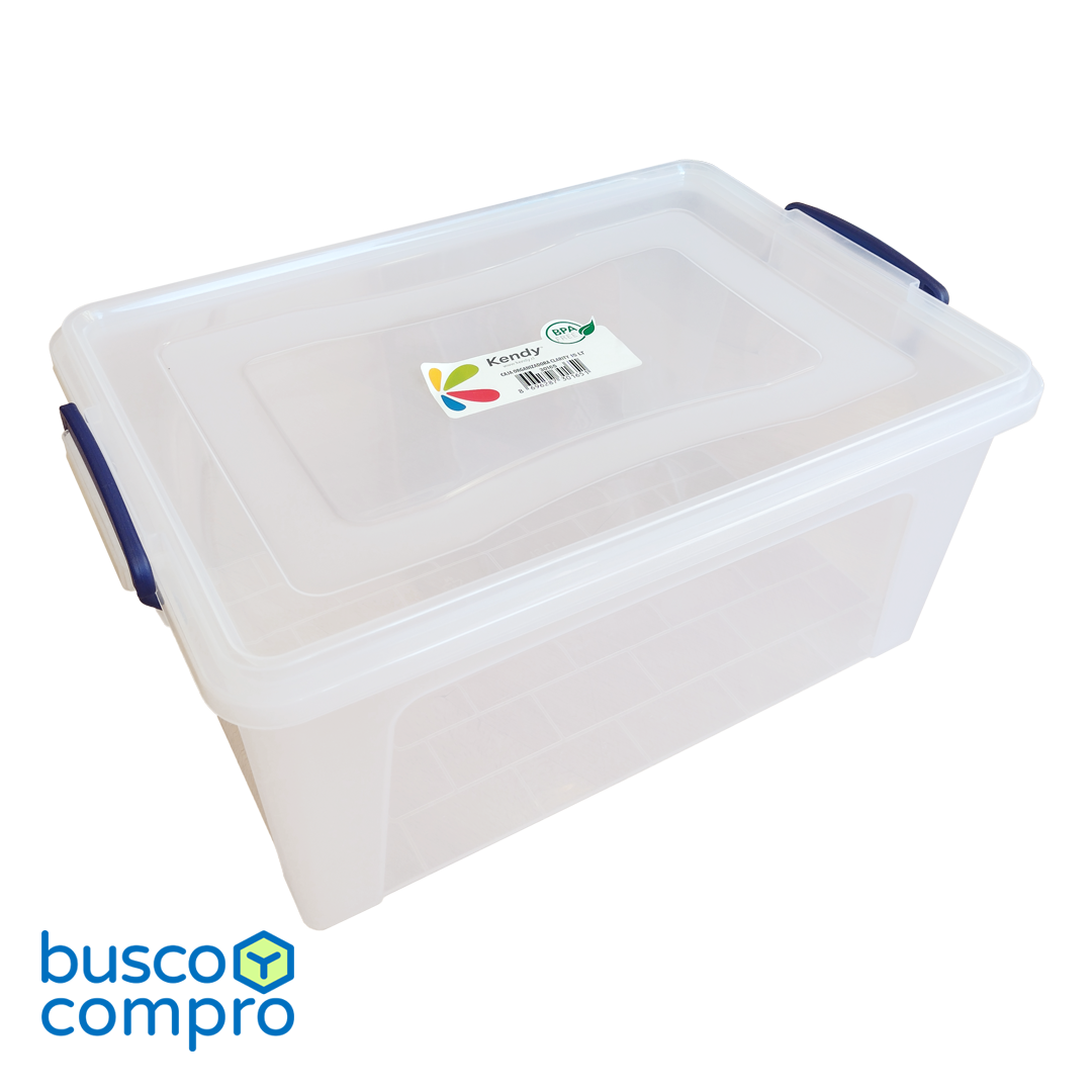Caja de plástico transparente Clarity con tapa. Manillas color azul (15 lts.)