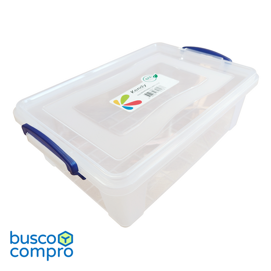 Caja de plástico transparente Clarity con tapa. Manillas color azul (3.75 lts.)