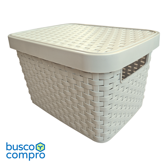Cesto plástico color beige imitación ratán con tapa
